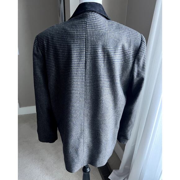 Vtg East End black plaid classic blazer with leather collar size L - Picture 6 of 7